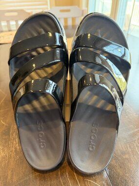 Crocs Getaway Black Patent Strappy Sandals